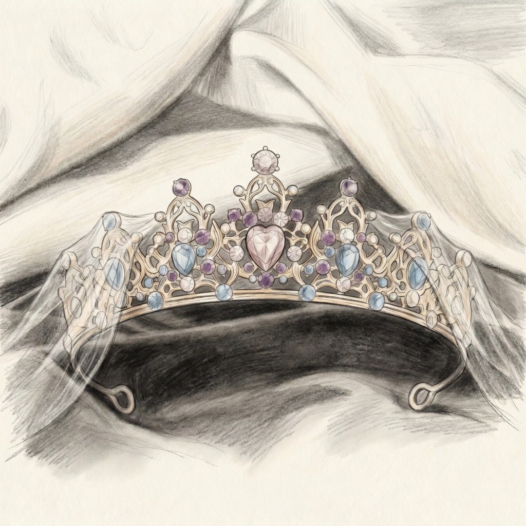 Hand-drawn design sketch of the Fonkelle Model 01 keepsake crown in silver, with a pink heart centre stone, soft blue pear stones and lavender accents, on draped fabric
